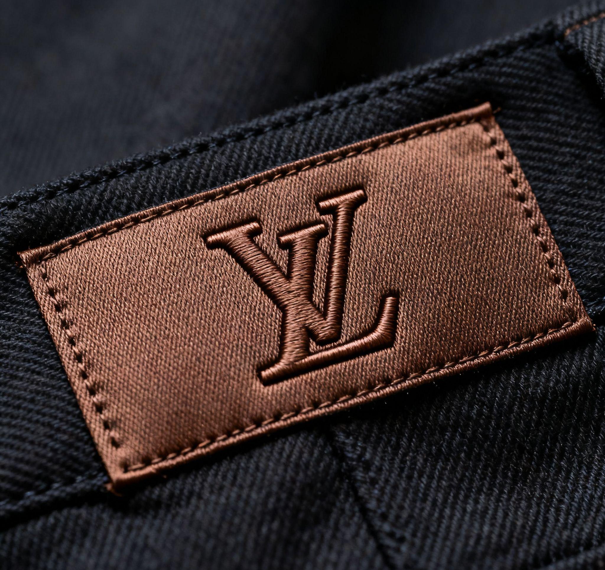 Embossed fabric label with raised logo on luxury garment.”